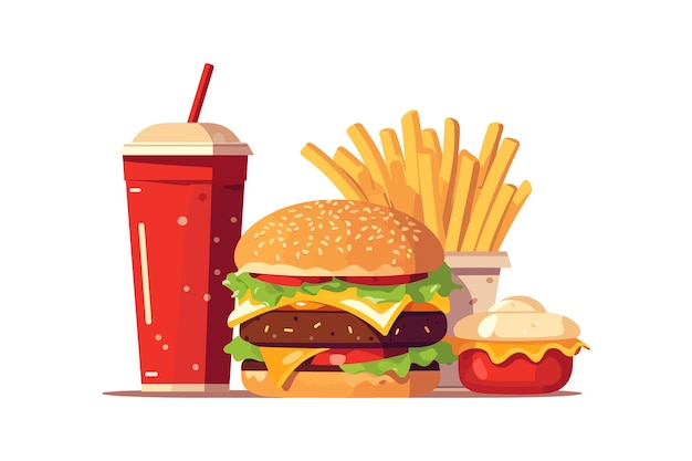 Delicioso bocadillo de comida rápida con coca cola de hamburguesa y verduras frescas en una ilustración de fondo blanco coca cola ilustración de papas fritas calientes y picantes