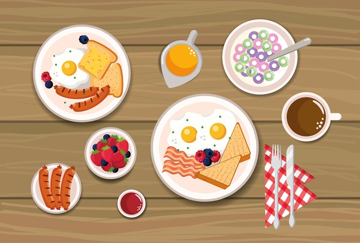 Vector delicioso cereal con rebanadas de pan y salchichas.