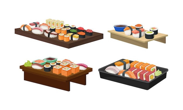 Delicioso conjunto de sushi oriental para llevar en un tablero de madera conjunto vectorial concepto tradicional de bocadillo asiático