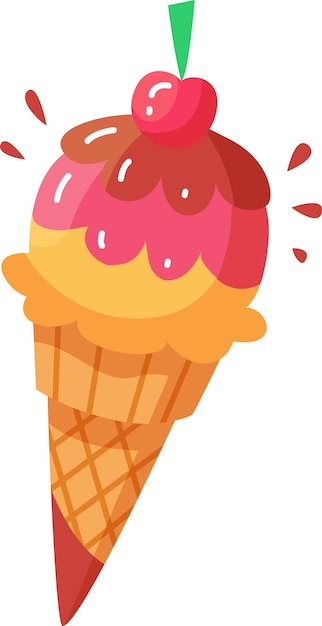 Un delicioso cono de helado muestra tres sabores brillantes coronados con una cereza perfecta para un regalo de verano en un día soleado