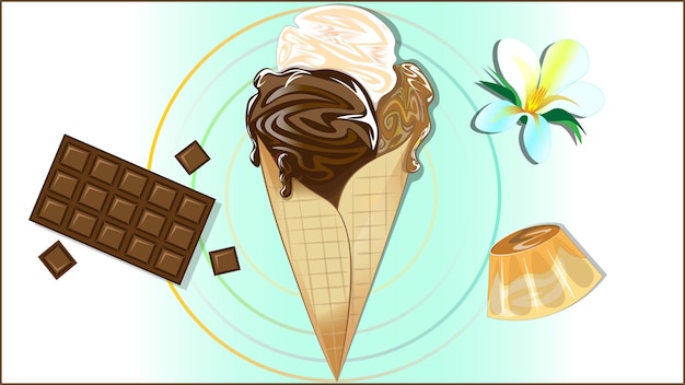 Vector delicioso cono de helado con sabor a chocolate vainilla y creme brulee sweet chocolaty delicioso