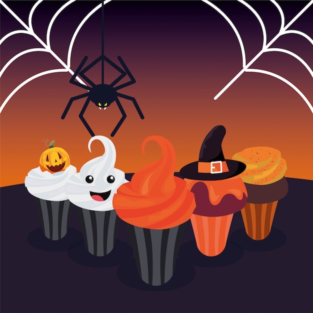 Vector delicioso cupcake con decoración de halloween