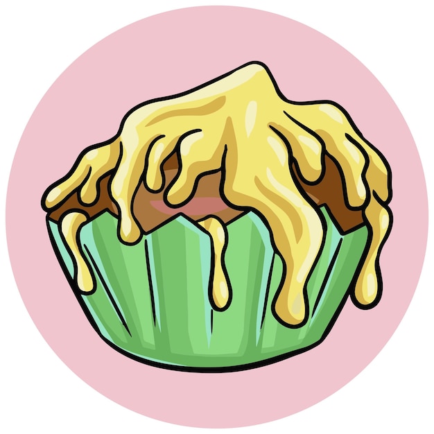 Delicioso cupcake con glaseado amarillo de frutas en una ilustración de dibujos animados de vector de taza verde