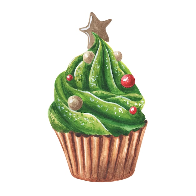 Delicioso cupcake muffin verde dulce con bola roja estrella de bronce