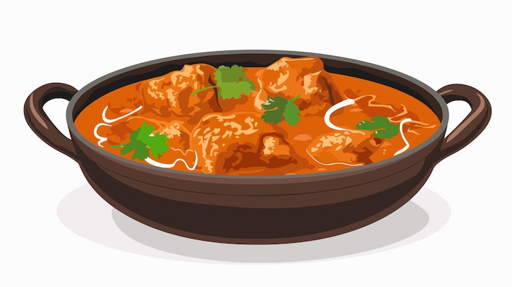 Vector delicioso curry de pollo con mantequilla indio servido en el tradicional tazón balti