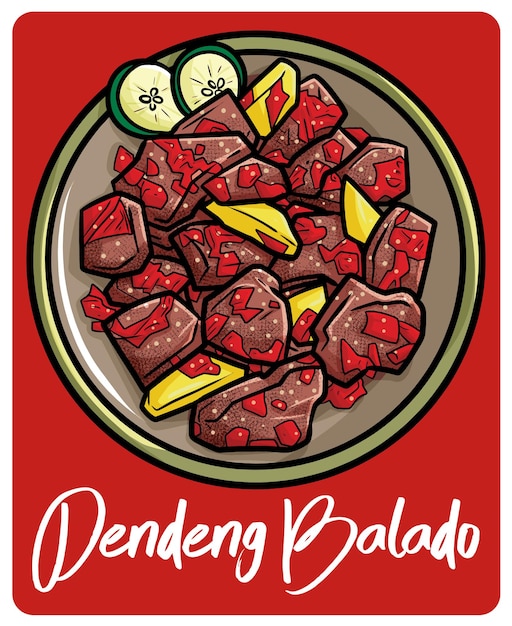 Delicioso Dendeng Balado, una comida tradicional de Padang en estilo de dibujos animados