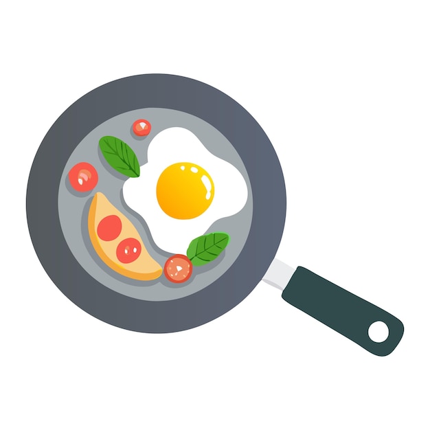 Delicioso desayuno de huevos fritos con tomates y albahaca