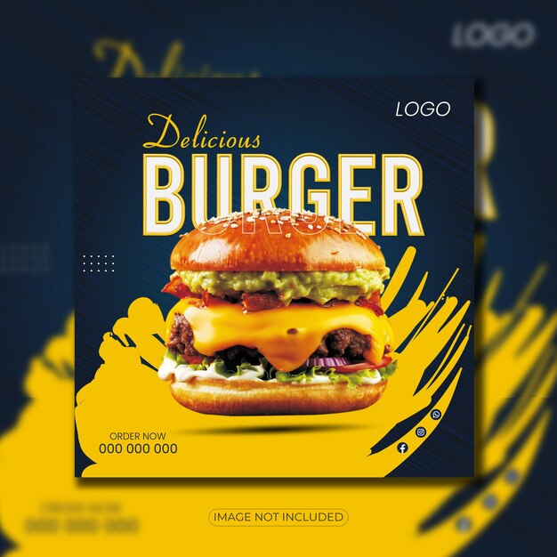 Vector delicioso diseño de publicación de promoción de redes sociales de hamburguesas de comida rápida