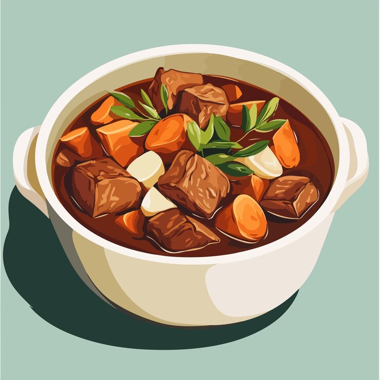 Vector delicioso estofado de carne con cebolla de zanahoria y hongo comestible