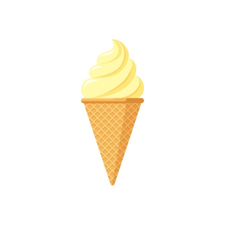 Delicioso helado amarillo brulee en cono de galleta sabor a vainilla helado retorcido aislado en blanco