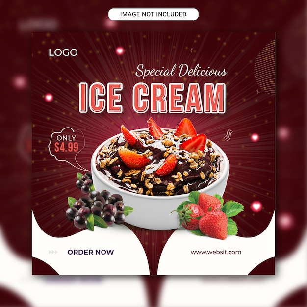 Delicioso helado promocional en redes sociales y plantilla de diseño de publicación de alimentos en Instagram