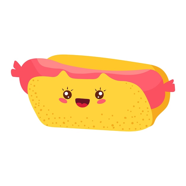 Delicioso hot dog brillante divertido kawaii en estilo de dibujos animados deliciosa comida rápida ilustración vectorial plana aislado en blanco