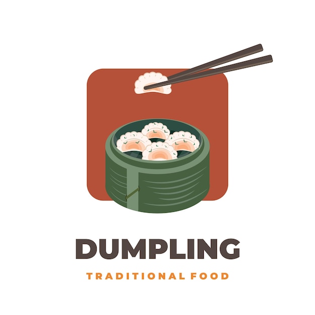 Delicioso Jiaozi Dumpling Dim Sum Vector Illustration Logo con Clakat de bambú natural