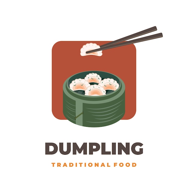 Delicioso jiaozi dumpling dim sum vector illustration logo con clakat de bambú natural