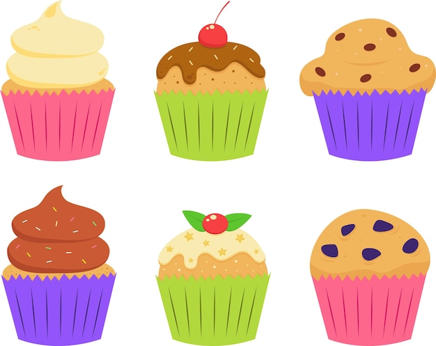 Vector delicioso juego de cupcakes y muffins. diseño de ilustración de vector de postre.