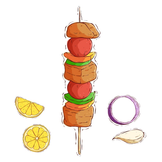 Vector delicioso kebab a la parrilla en una brocheta con un colorido estilo de dibujo a mano