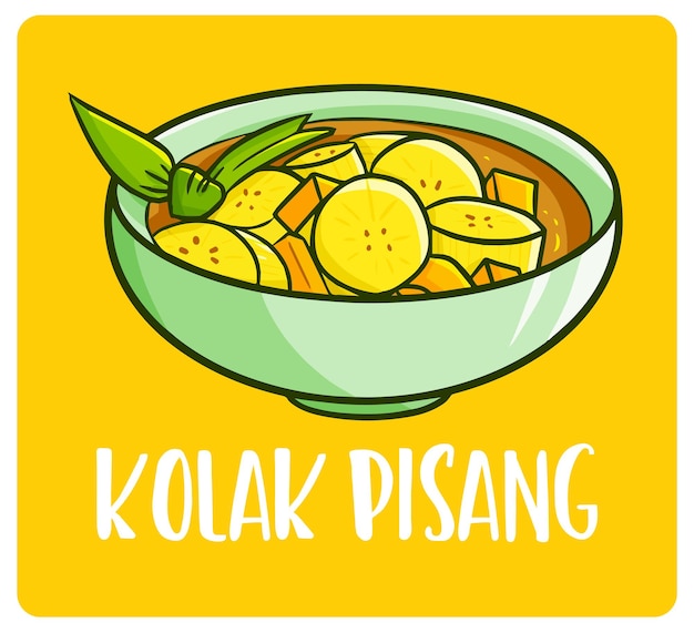Delicioso Kolak Pisang o compota de plátano en un cuenco un postre dulce de Indonesia en estilo doodle