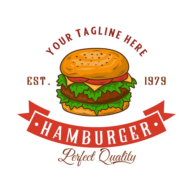 Delicioso logotipo de la hamburguesa icono de la hamburguesa con ensalada de carne y queso aislado en fondo blanco diseño de