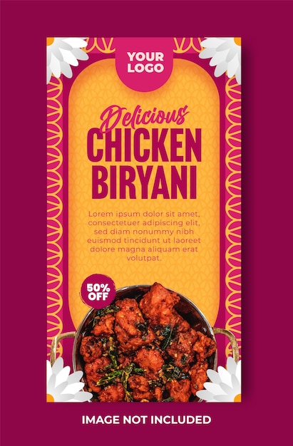 Delicioso menú de comida india y plantilla de diseño de historias de redes sociales de pollo biryani