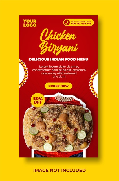 Delicioso menú de comida india y plantilla de diseño de historias de redes sociales de pollo biryani