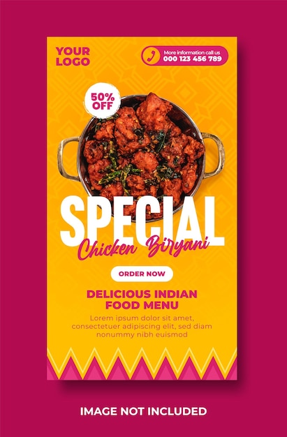 Delicioso menú de comida india y plantilla de diseño de historias de redes sociales de pollo biryani