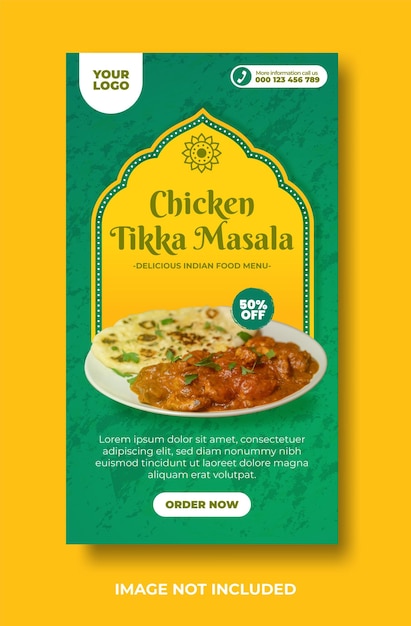 Vector delicioso menú de comida india y plantilla de diseño de historias de redes sociales de pollo tikka masala