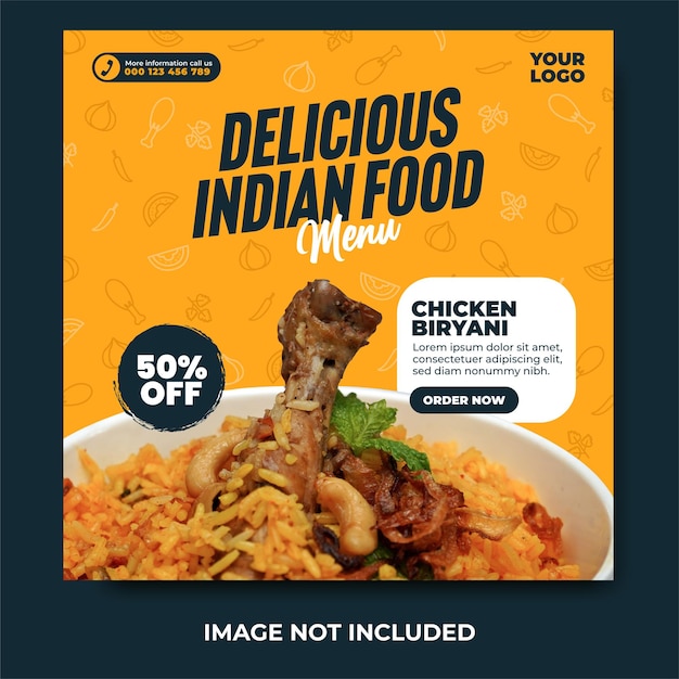 Delicioso menú de comida india y pollo biryani publicación en redes sociales y plantilla de banner web