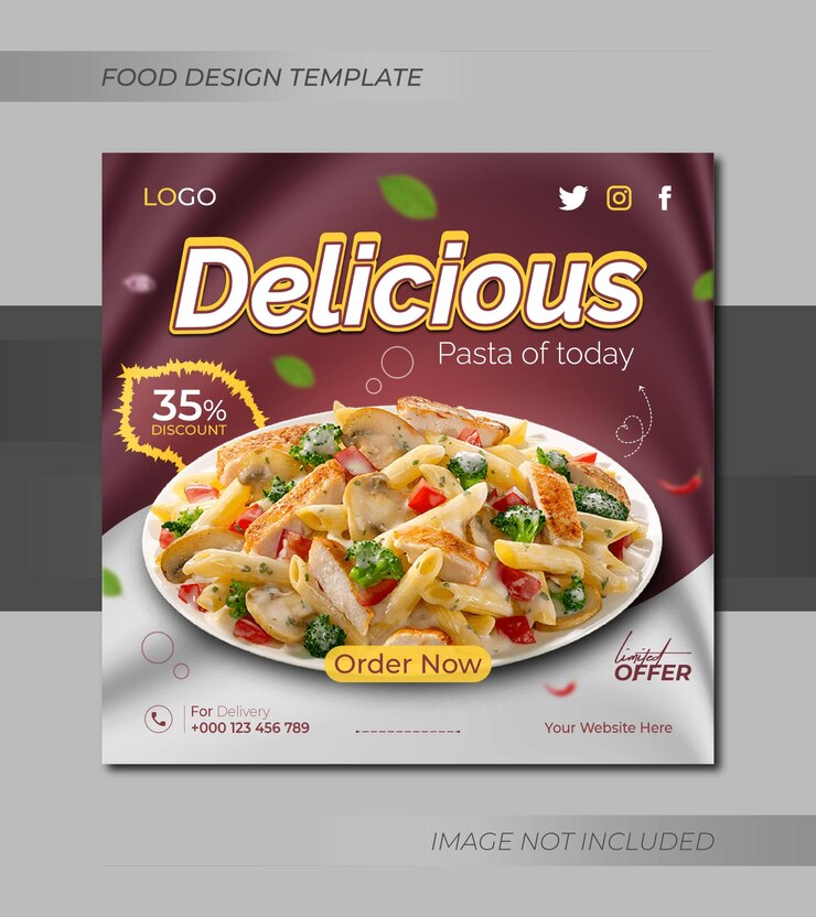 Delicioso menú de comida de pasta promoción de redes sociales diseño de publicación de instagram o plantilla de banner web
