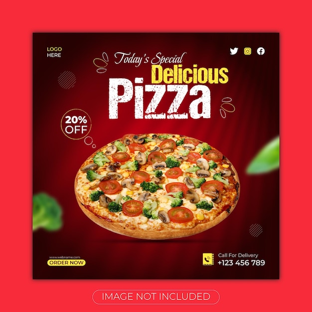 Delicioso menú de comida de pizza promoción en redes sociales y plantilla de diseño de publicación de Instagram