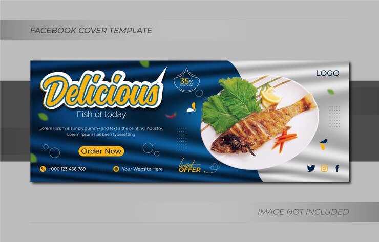 Delicioso menú de comida de restaurante de pescado fresco diseño de portada de redes sociales o plantilla de banner web