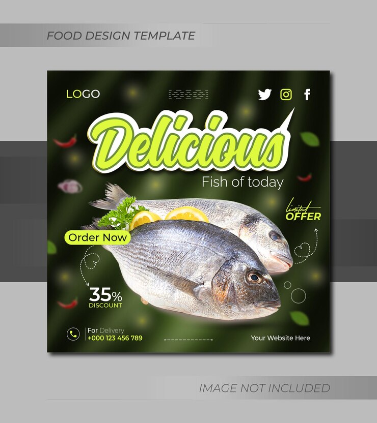 Delicioso menú de comida de restaurante de pescado fresco diseño de publicación de instagram de redes sociales o plantilla de banner web