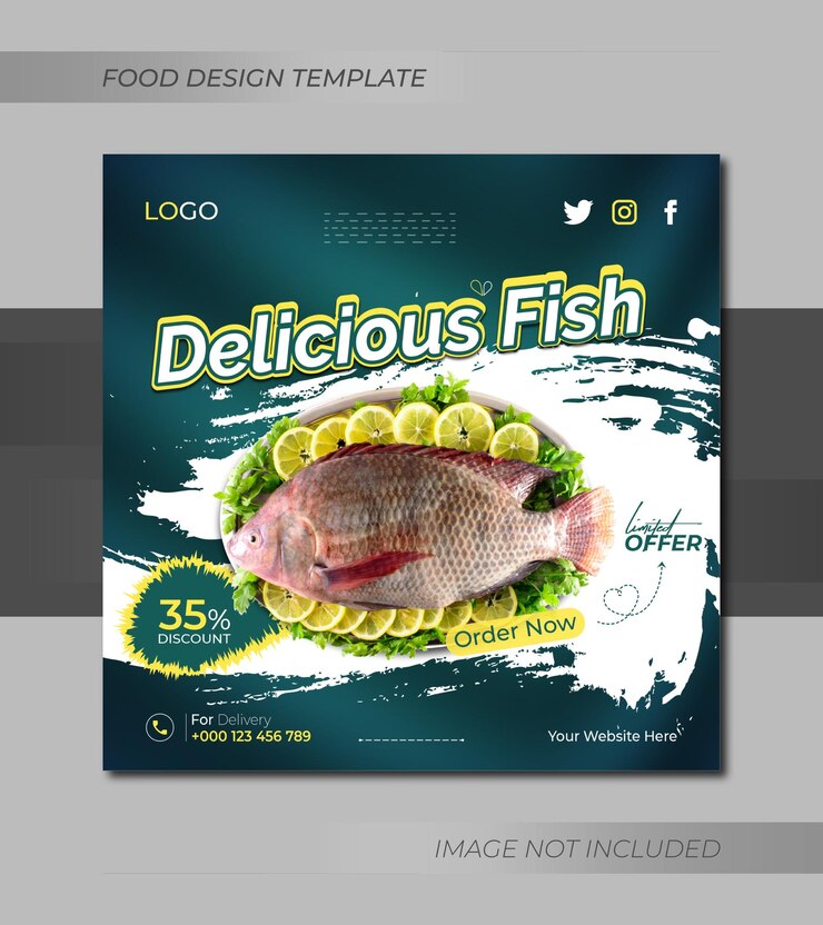 Delicioso menú de comida de restaurante de pescado fresco diseño de publicación de instagram de redes sociales o plantilla de banner web