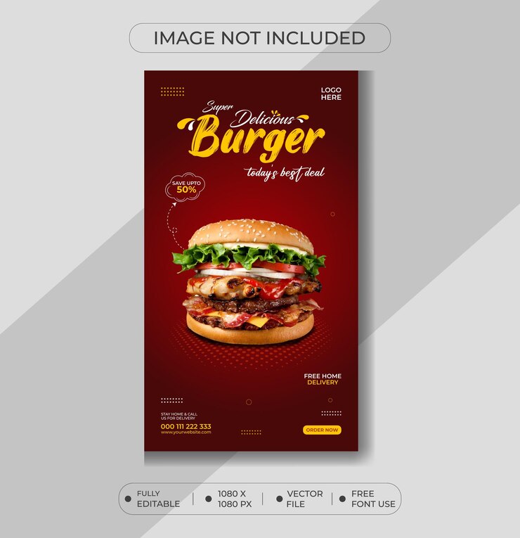 delicioso menú de hamburguesas y comida plantilla de historia de Instagram y Facebook