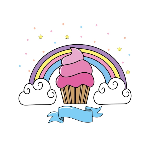 Delicioso muffin con arco iris y nubes con cinta