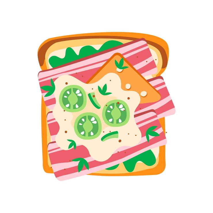 Vector delicioso pan tostado con ensalada verde mozzarella queso tocino y rebanadas de pepino saborito sabroso para el desayuno diseño gráfico para menú o libro de recetas ilustración vectorial plana aislada en blanco