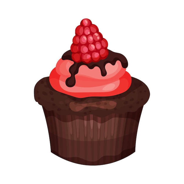 Delicioso pastel de chocolate dulce Delicioso postre con crema y frambuesa fresca Ilustración vectorial en fondo blanco