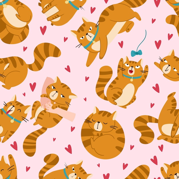 Un delicioso patrón con lindos gatos de dibujos animados rodeados de encantadores corazones y amor