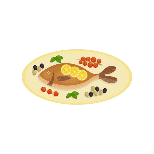 Delicioso pescado dorado al horno, servido en un plato ovalado con tomates cherry, aceitunas y limón, además de hojas de albahaca. Un plato tradicional de la cocina mediterránea. Ilustración de vector aislado.
