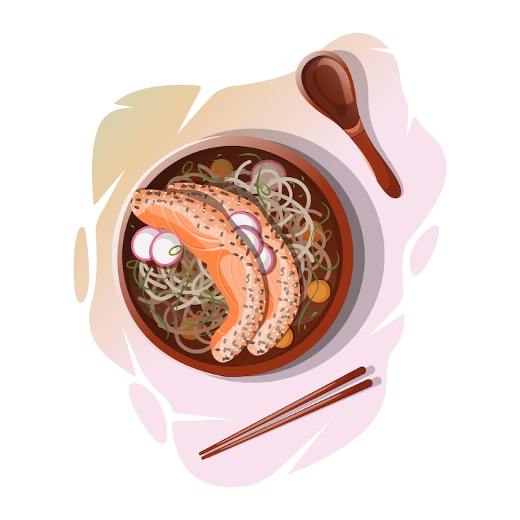 Vector delicioso plato asiático ramen con fideos y pescado