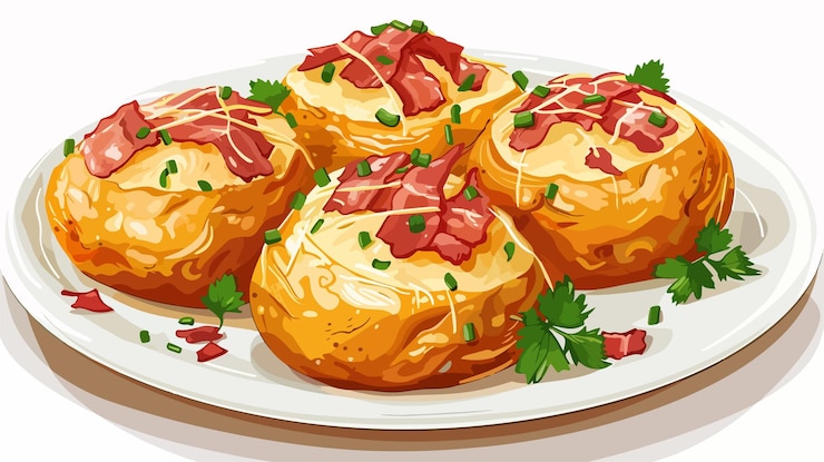 Vector delicioso plato de patatas al horno con tocino crujiente en la mesa blanca