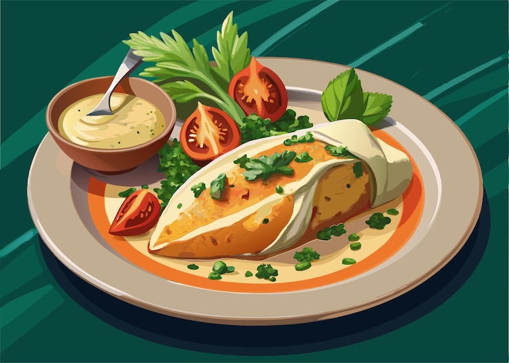 Vector delicioso pollo al horno con hierbas y salsa.