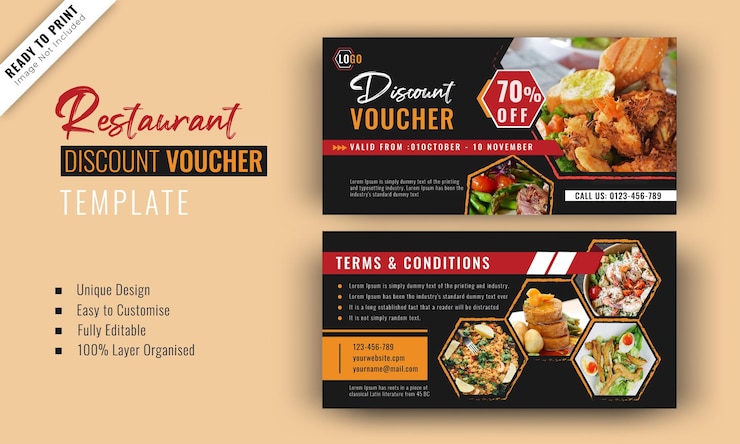 Vector delicioso restaurante comida menú vale de regalo o cupón plantilla de vector libre