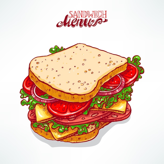 Delicioso sándwich apetitoso. ilustración dibujada a mano