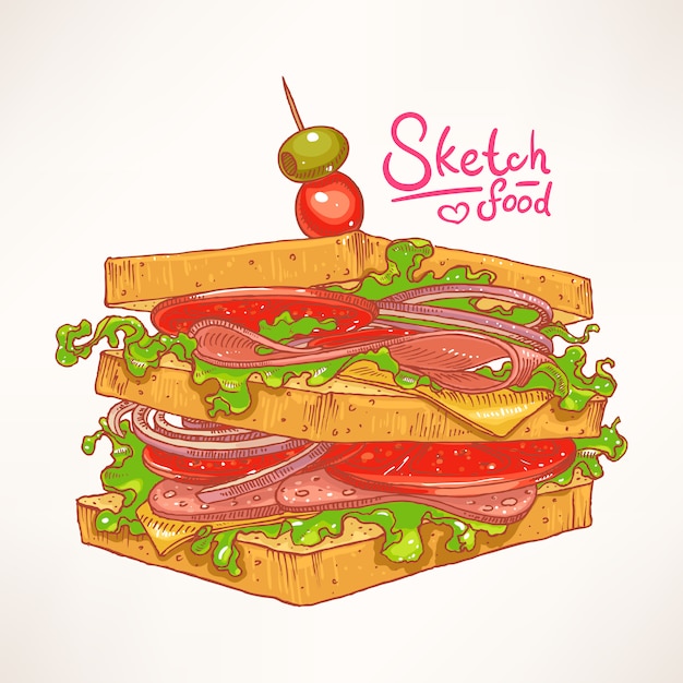 Vector delicioso sándwich fresco dibujado a mano con carne, ensalada y tomate