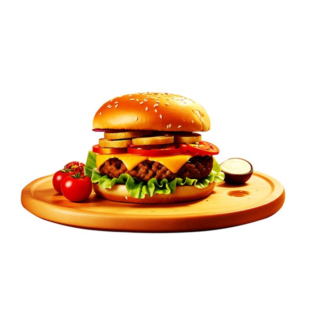 Delicioso sándwich de hamburguesa con ternera, tomate, cebolla y tocino frito