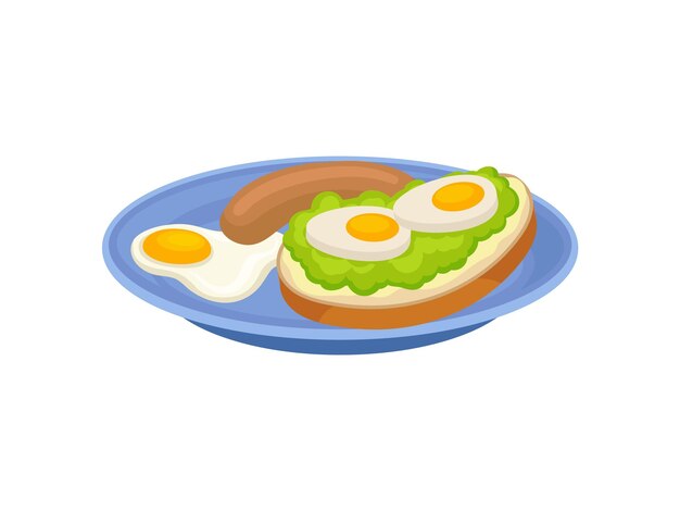 Delicioso sándwich de huevo frito y salchicha en plato azul, comida apetitosa para el desayuno, tema de comida, elemento gráfico para menú de cafetería, colorida ilustración vectorial plana aislada en fondo blanco