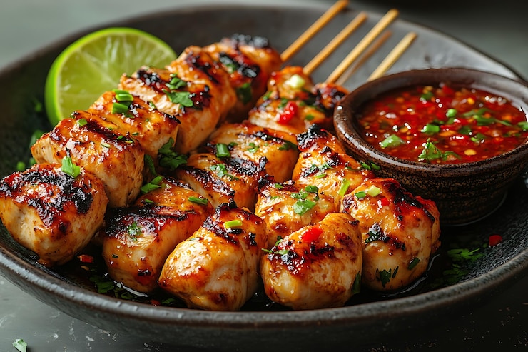 Vector delicioso satay de pollo a la parrilla con salsa de lima y maní