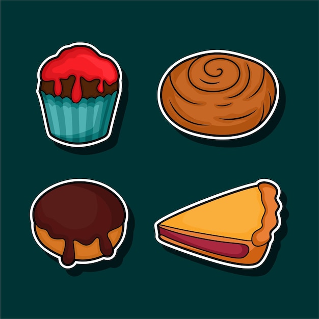 Delicioso surtido de pegatinas de pastel de tarta al horno, rosquilla de canela, rosquillas y pastel