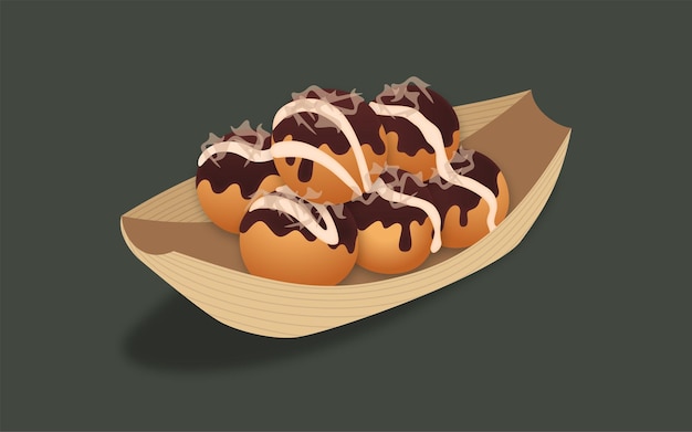 Vector delicioso takoyaki en una ilustración de tazón de cartón