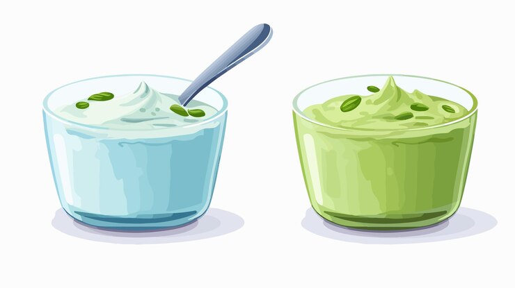 Vector delicioso yogur con sabor a té verde en taza azul con cuchara de plástico